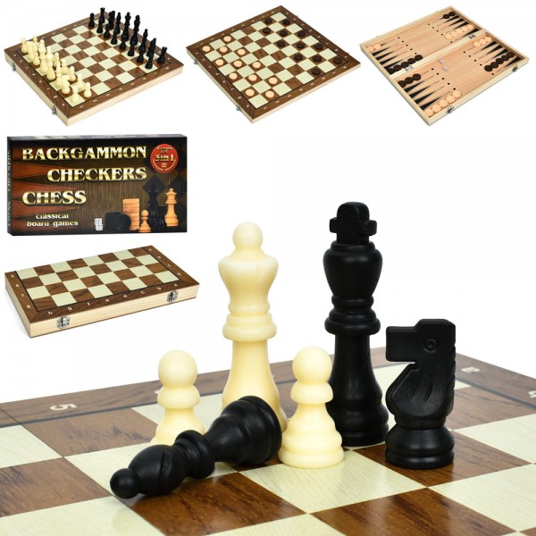 243596 Шахи A0068 дерев'яні, 39-39, 3в1(нарди, шашки), фігури дерев'яні та пластик, в кор-ці, 39,5-20,5-4см