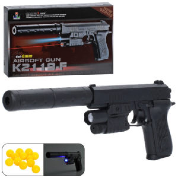 249430 Пістолет K2119-F пластикові кулі, світло, лазер, на бат(табл), в кор-ці, 21-14,5-4см