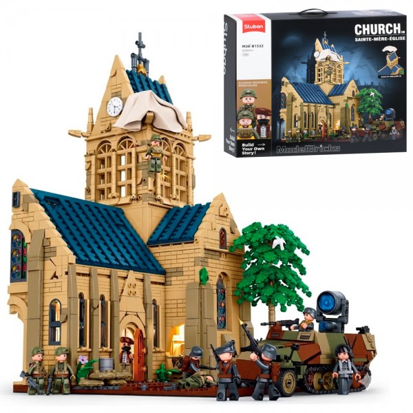 250139 Конструктор SLUBAN M38-B1532 військова серія,Церква у Сент-Мер-Егліз, танк, фігурки, 2235дет.,кор.