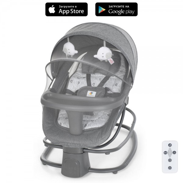 247440 Заколисуючий центр-шезлонг 8087 2в1, APP, USB, таймер, москіт. сітка, столик, муз.,сірий 