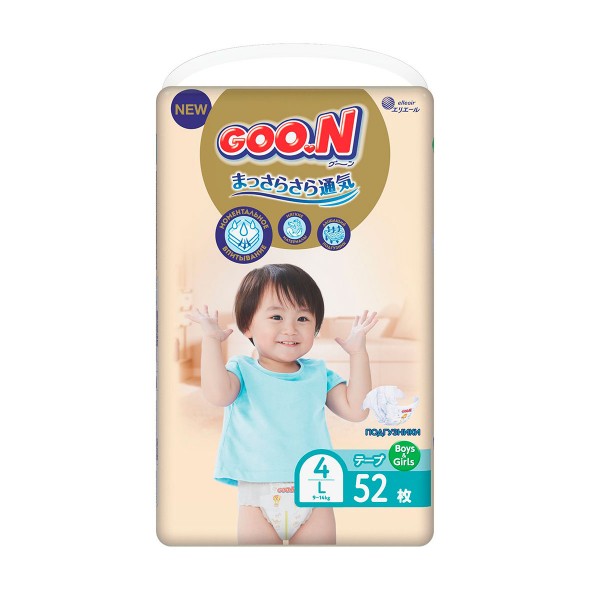 207538 Підгузки GOO.N Premium Soft для дітей 9-14 кг (розмір 4(L), на липучках, унісекс, 52 шт)