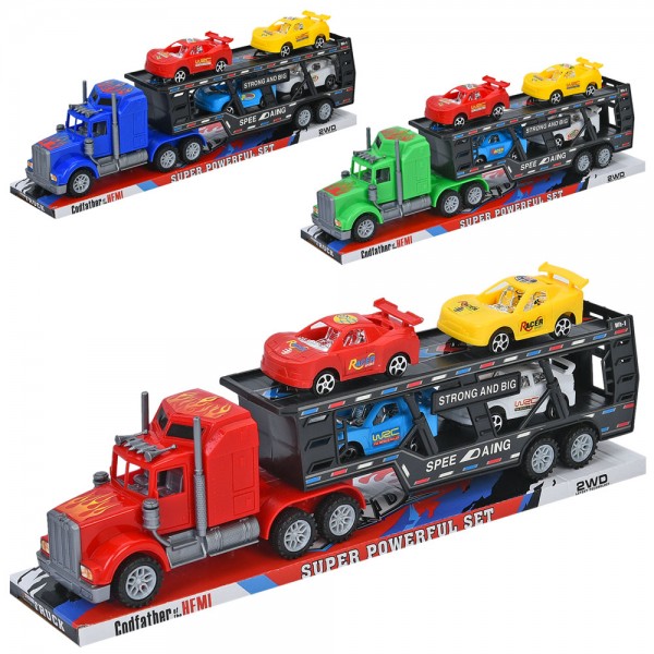 249705 Трейлер 888 інерція, 38см, машинка 4шт, 3 кольори, в слюді, 40-13-8см,