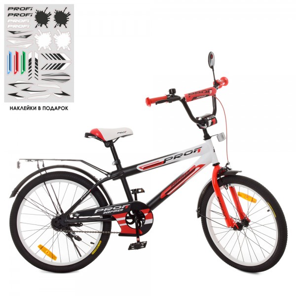 100693 Велосипед дитячий PROF1 20д. SY2055 Inspirer, дзвінок, дзеркало, світло, чорно-біло-червон.(мат.).