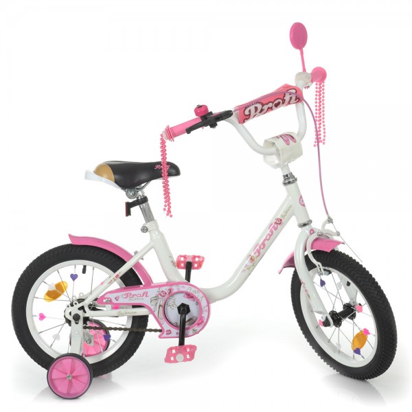 139733 Велосипед дитячий PROF1 14д. Y1485 Ballerina, SKD45, дзвінок, ліхтар, дод.колеса, біло-рожевий.