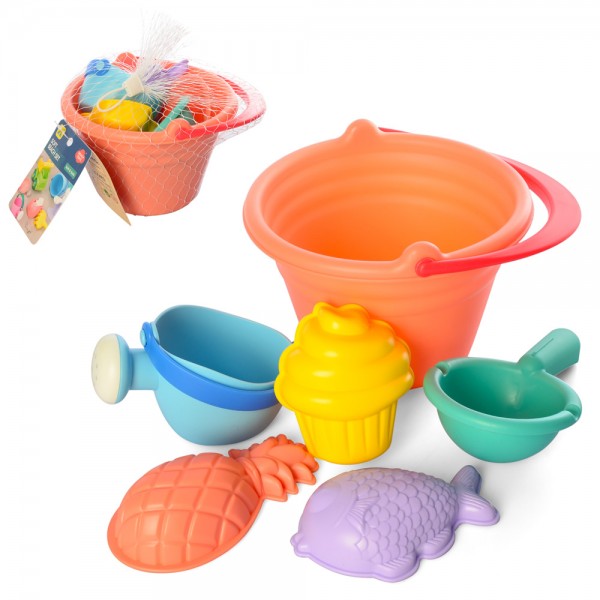 99764 Набір для пісочниці HG-816 відро, лійка, лопатка, формочки, сітка, 13-20-17 см.