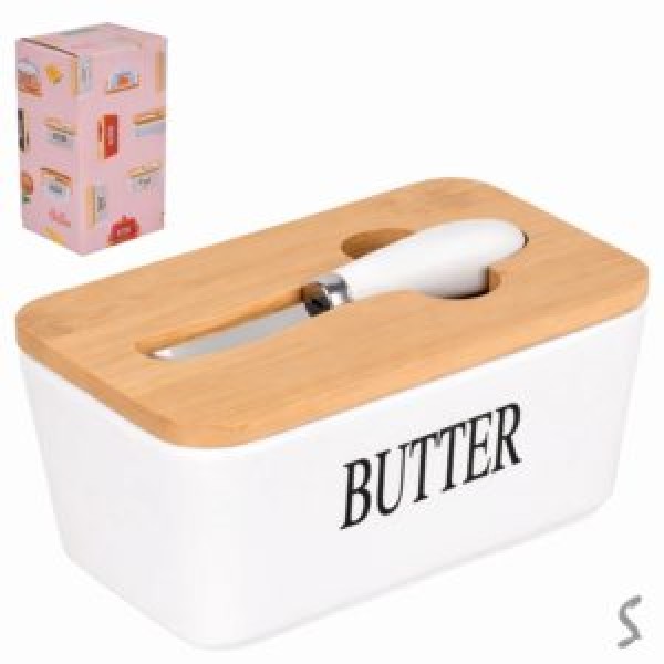 242679 Маслянка кераміка з ножем та бамбуковою кришкою 16.8*9.5*7.7см R34972-W