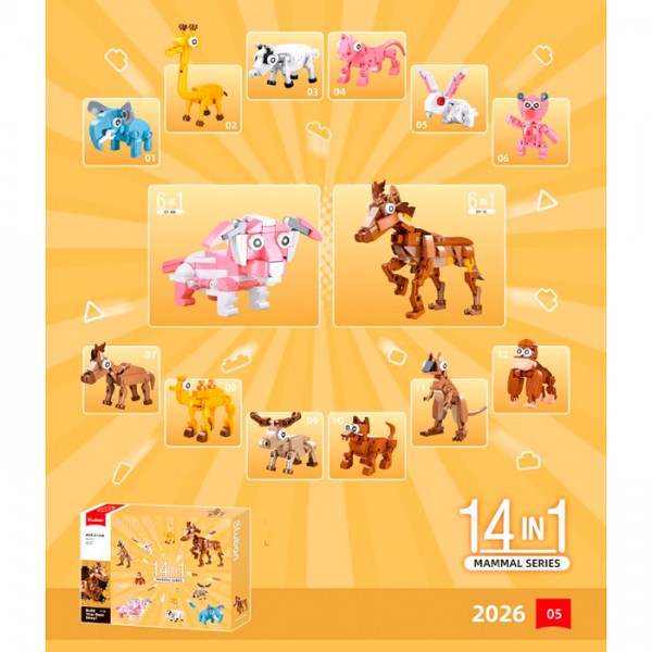250077 Конструктор SLUBAN M38-B1398 тварини, 14в1, 503дет, кор., 38-28,5-7см