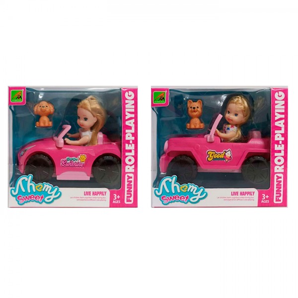 245856 Лялька 9045-18-19 11см, машина 15см, собака, 2 види, в кор-ці, 15,5-13-10см