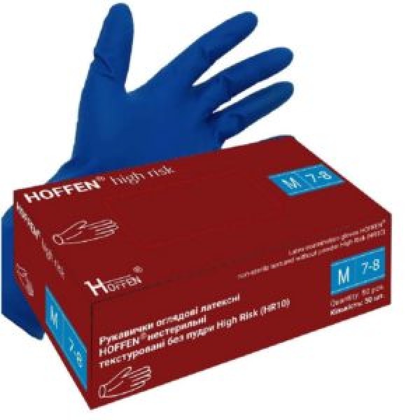 258390 Рукавички латексні M Hoffen 15г нестерильні текстуровані підвищенного ризику б/п 25пар/уп HFN-21142M