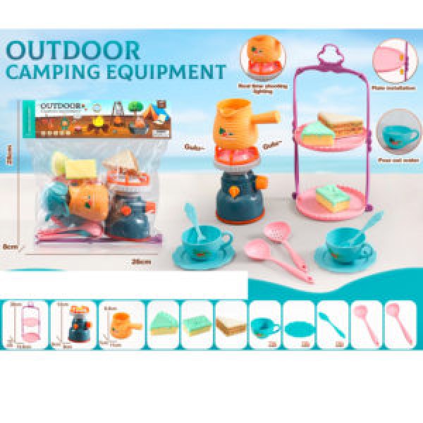 249449 Набір посуду 877A-48 пальник для кемпингу(зв,світ,рухл.деталь),етажерка для десертів.чайний серв.бат