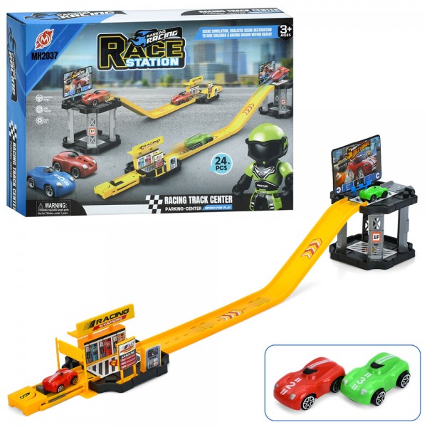 227297 Гараж MH2037 2 поверхи, запуск, машина, 2 шт., 24 дет., кор., 27-19-5,5 см.