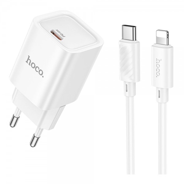 223788 Мережевий Зарядний Пристрій Hoco C148A 1USB-C PD/QC 30W+Type-C to Lightning (Бiлий)