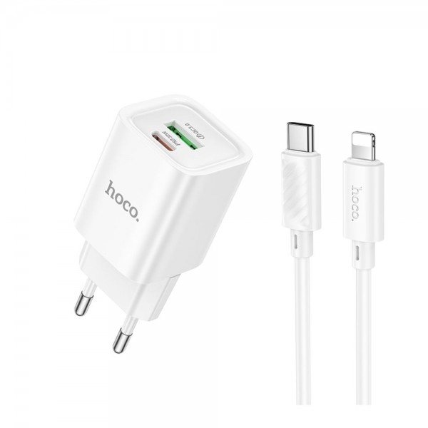223790 Мережевий Зарядний Пристрій Hoco C149A 1USB/1USB-C PD/QC 30W+Type-C to Lightning (Бiлий)