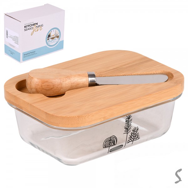 243563 Маслянка скло з ножем та бамбуковою кришкою 10.5*14.5*6см., R34371