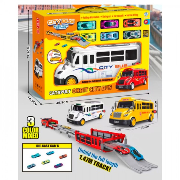 245840 Набір машинок 8901 інерц.,автобус (33,5см, інерц, 2в1 трек),машинки 6шт 7см (метал),3 кольори,в кор.