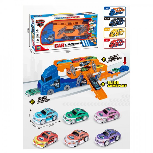 245848 Трейлер XLH-09 2в1(трек, на запуску), 29см, машинки 6шт (6,5см, інерц, метал), 4 кольори, в кор.