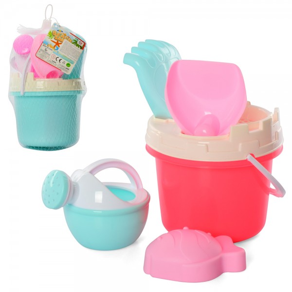 122790 Набір для пісочниці 295-2 відро, лопатка, граблі, лійка, формочка, 2 кольори, сітка, 21-15-14 см.