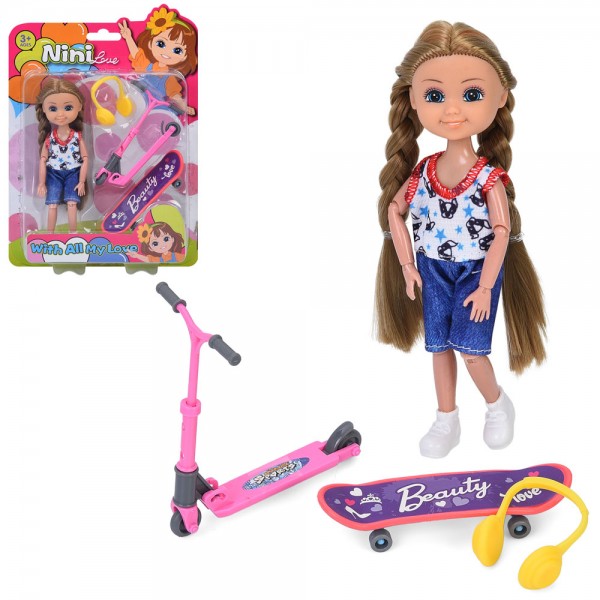 247043 Лялька 618-05 шарнірна, самокат, скейт, лист, 16,5-23,5-4,5 см.