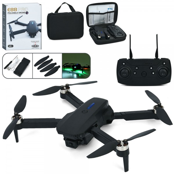 227318 Квадрокоптер E88-4 радіок.2,4G,акум.,камера,складний,USB,запасні лопаті,чохол,світло,кор.,17,5-22-22