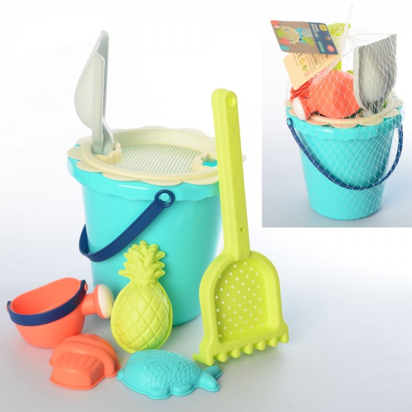100178 Набір для пісочниці HG-809 відро, лійка, лопатка, граблі, формочки, сітка, 33-20-20 см.