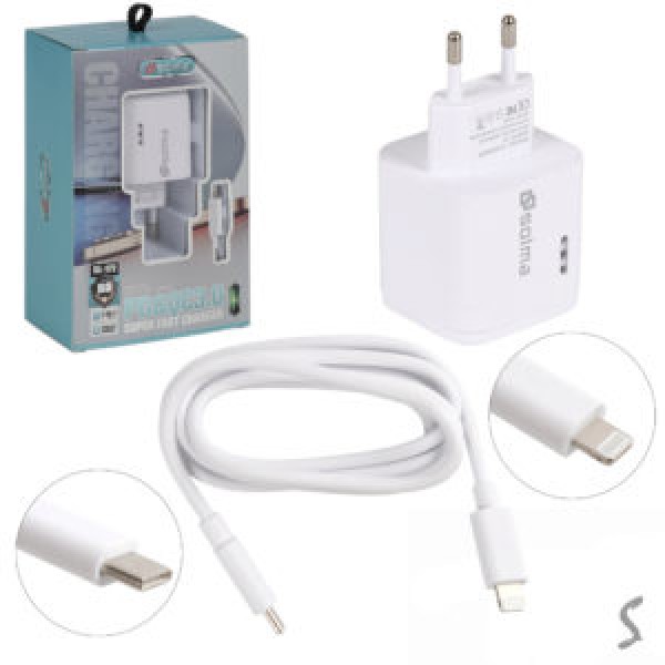 256487 Мережевий зарядний пристрій SOLMA PD&QC3.0 USB A+C з кабелем Type-C to Lightning 1.0м WL-1439