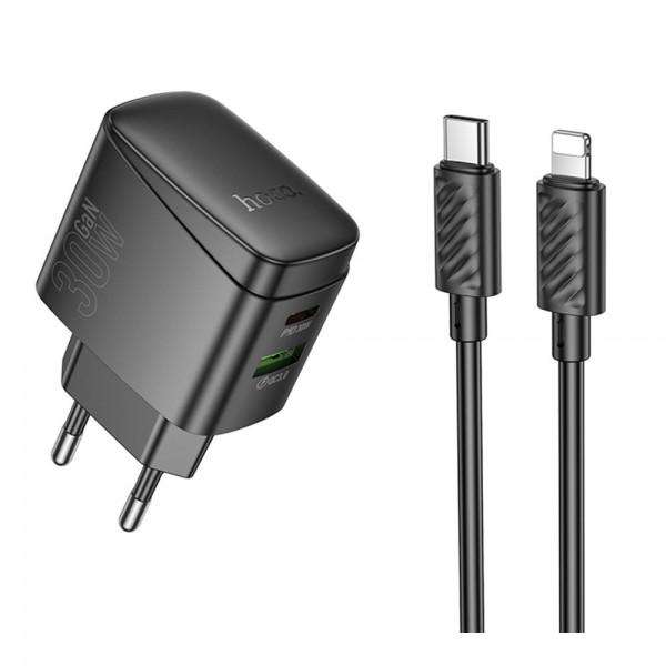 223800 Мережевий Зарядний Пристрій Hoco CS61A 1USB/1USB-C PD/QC 30W+Type-C to Lightning (Чорний)