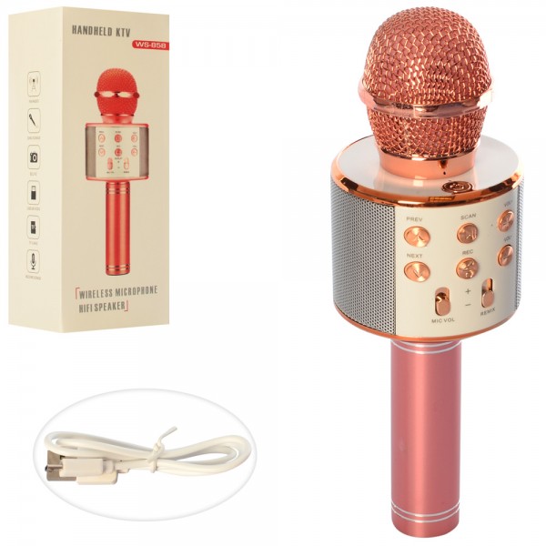 102041 Мікрофон WS858-rosegold  Bluetooth, TFслот, USB, акум., світло, кор., 25-9-8 см.