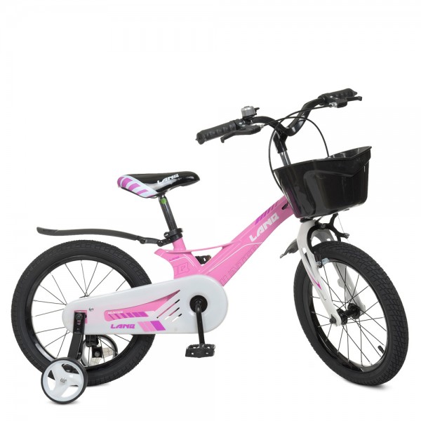 125068 Велосипед дитячий 16д.WLN1650D-2N Hunter, SKD85, магн.рама,рожевий,дзвінок,кошик окремо, дод.колеса.