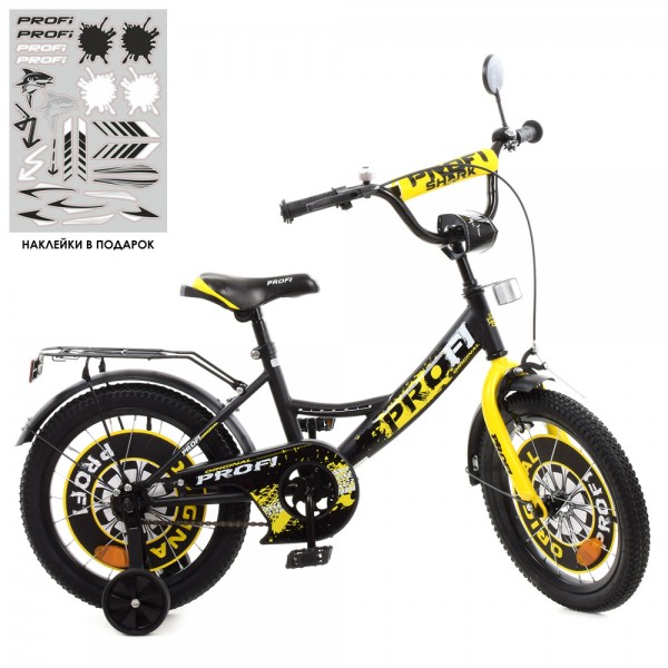 125052 Велосипед дитячий PROF1 16д. Y1643-1 Original boy, SKD75, чорно-жовтий, дзвінок, ліхтар, дод.колеса.