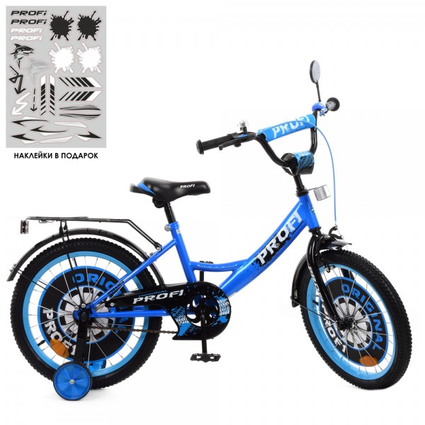 125061 Велосипед дитячий PROF1 18д. Y1844-1 Original boy, SKD75, синьо-чорний, дзвінок, ліхтар, дод.колеса.