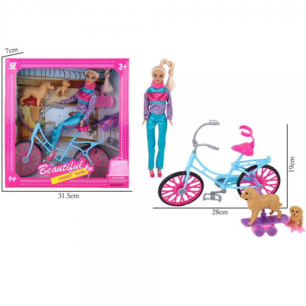 158815 Лялька 60747AJ шарнірна, велосипед, собачка 2 шт., кор., 33-31-7 см.
