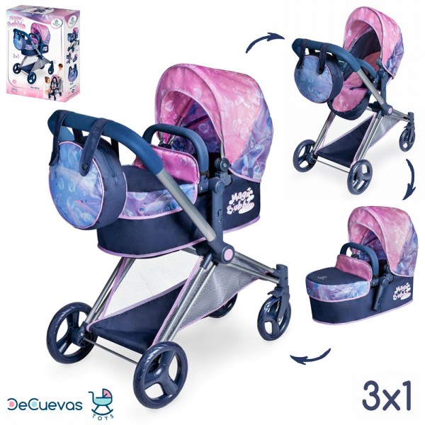 243680 Коляска 81776  для ляльки, трансформер, 3в1, люлька, корзина, сумка, метал, в кор., 54-41-14см  