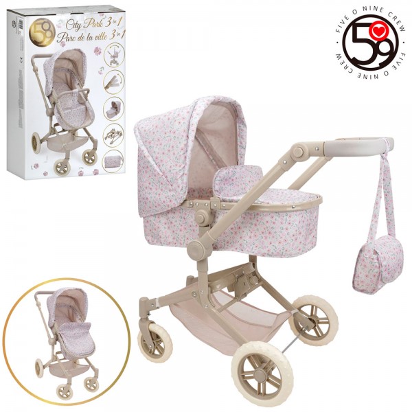 243684 Коляска T742056  для ляльки,трансфор.,3в1,люлька,рег.руч.,корз.,сумка,мет.+плас.,в кор.,39,5-58-14,5