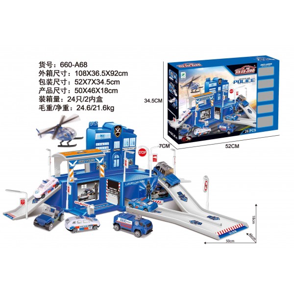 229273 Гараж 660-A68 поліція, 1:64, 2 поверхи, транспорт 5 шт. (мет.), 26 дет., кор., 52-34,5-7 см.