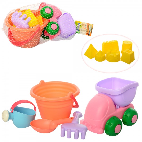 53059 Набір для пісочниці HG-767 відерце, лопатка, граблі, машинка, формочка, м'який, сітка, 26-15-15 см.