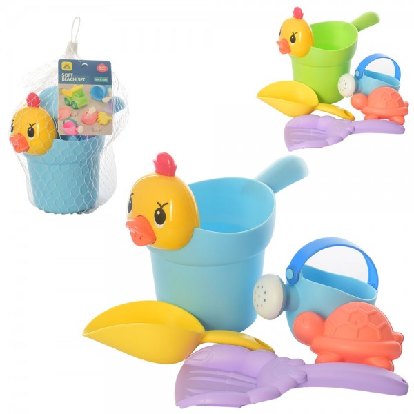 49341 Набір для пісочниці HG-779 відерце,лопатка 2шт.,граблі,лійка,формочки,мікс кольорів,м'який,сітка.