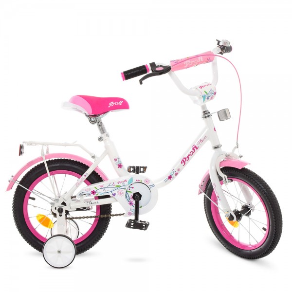 74147 Велосипед дитячий PROF1 14д. Y1485 Flower, дзвінок, дод. колеса, біло-рожевий.