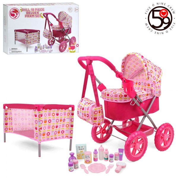 243731 Набір гральний T837048 для ляльки,коляска класика(спальне місце 43-23см),рег.ручка,сумка,манеж,аксес