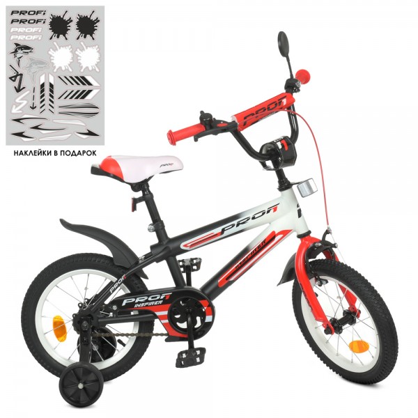 140464 Велосипед дитячий PROF1 14д. Y14325-1 Inspirer,SKD75,ліхтар,дзвін.,дзерк.,чорно-білий-червоний(мат.)