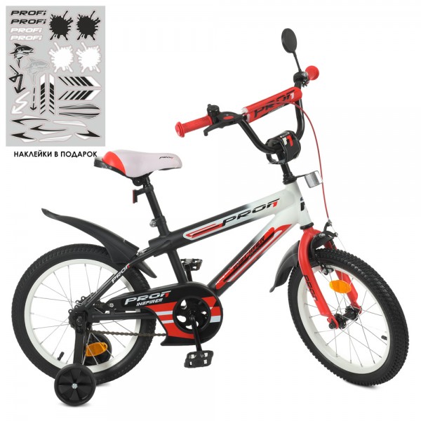 140465 Велосипед дитячий PROF1 16д. Y16325-1 Inspirer,SKD75,ліхтар,дзв.,дзеркало,чорно-білий-червоний(мат.)