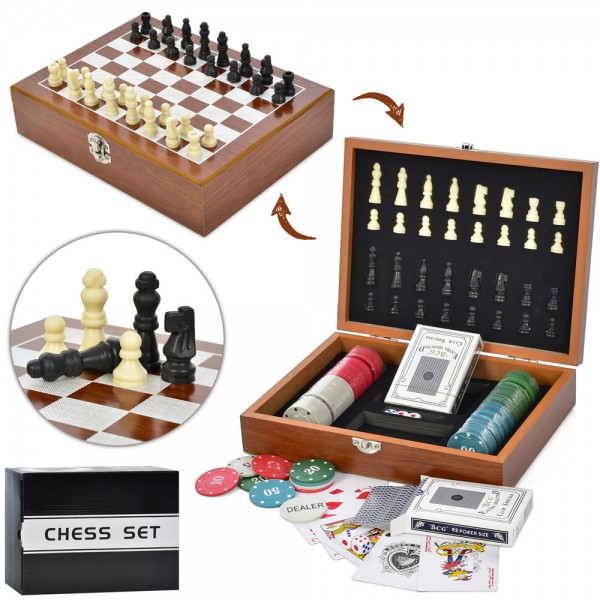 147825 Настільна гра XQ12099 шахи, покер, 100 фішек(з номін-4 види,пласт.), 2 колоди карт, кор.,26-20-6,5см