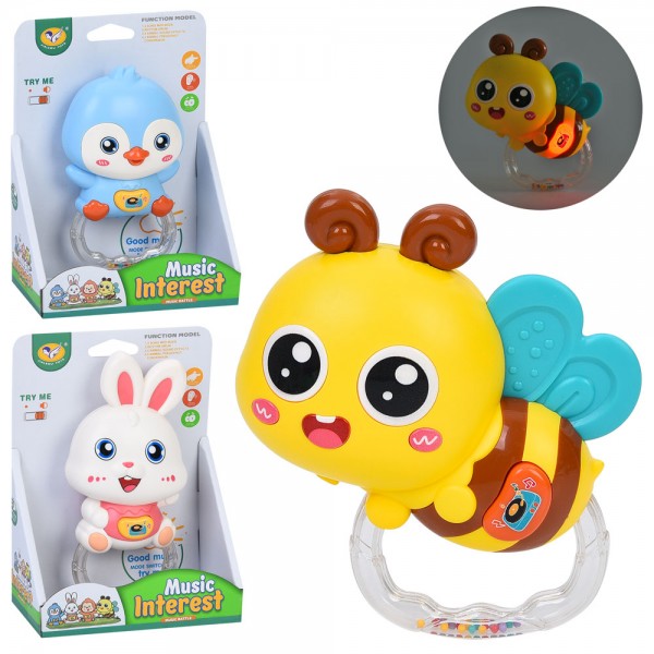 246549 Брязкальце 855-187D-188D-190D ,муз., звук, світло, 3 види(пінгвин, зайчик, бджола), бат., кор.,13см