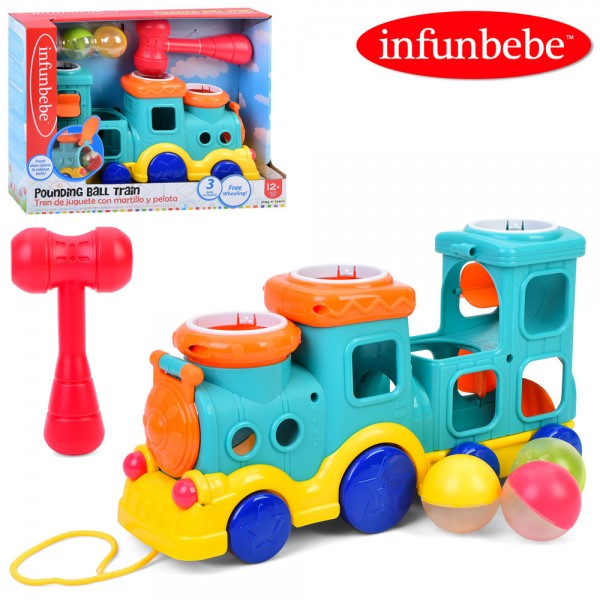 246536 Каталка PL5233 на шнурі, поїзд, 30см, стукачка, рух.і деталі,кульки 3шт, молоток, в кор.35,5-25-11см