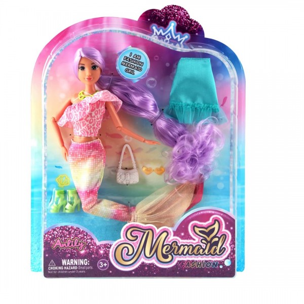 246582 Лялька 616921 30см, русалка, шарнірна, довге волосся, взуття, спідниця, сумка, 28-36-5,5см