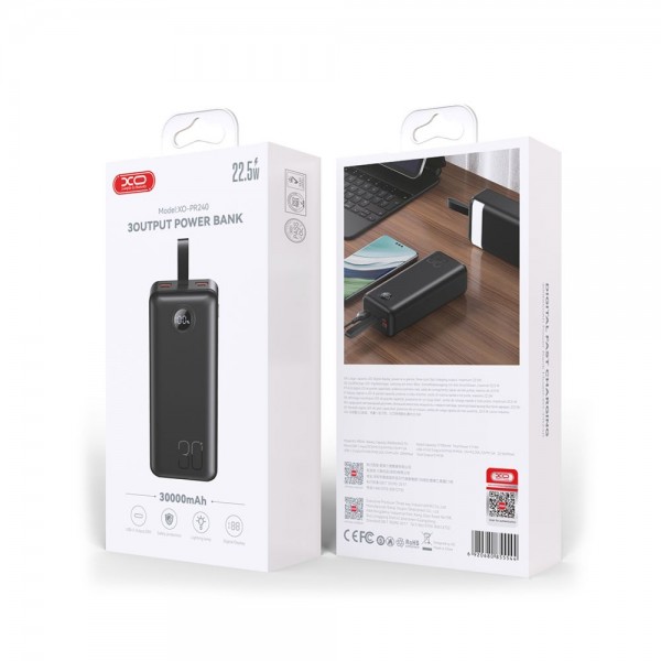 223768 Універсальна Мобільна Батарея Power Bank XO PR240 QC22.5W PD20W digital display, with light, 30000 mAh (Чорний)