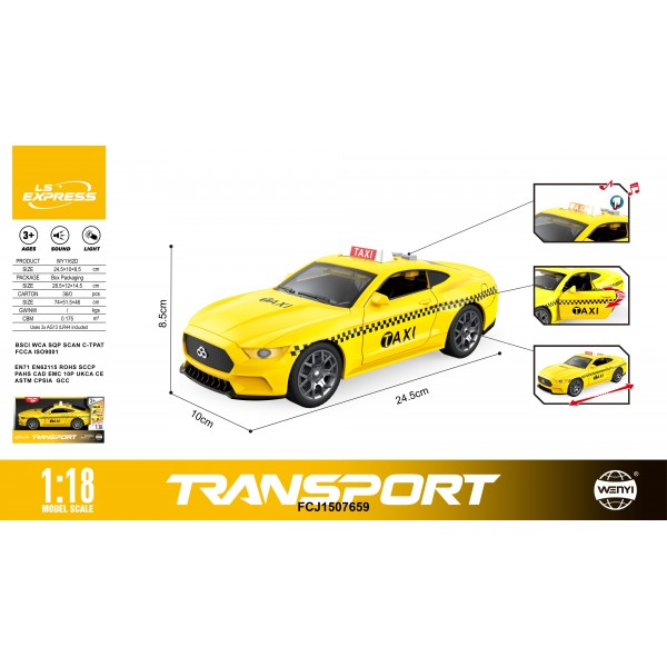 260671 Машина WY1162D 1:18, інерція, таксі, відчин. двері, муз., світло, гум. колеса,бат.(таб),кор.