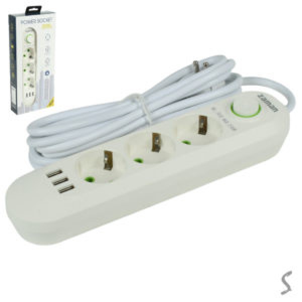 258497 Подовжувач 2500W 3м (3р 3USB з вимк) 29*13*4.5см