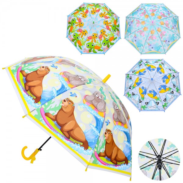 172559 Парасолька дитяча MK 5231 довж.64,5см, трост.60см, діам.80см,спиця 48см,клейонка,свисток,4 види,кул.