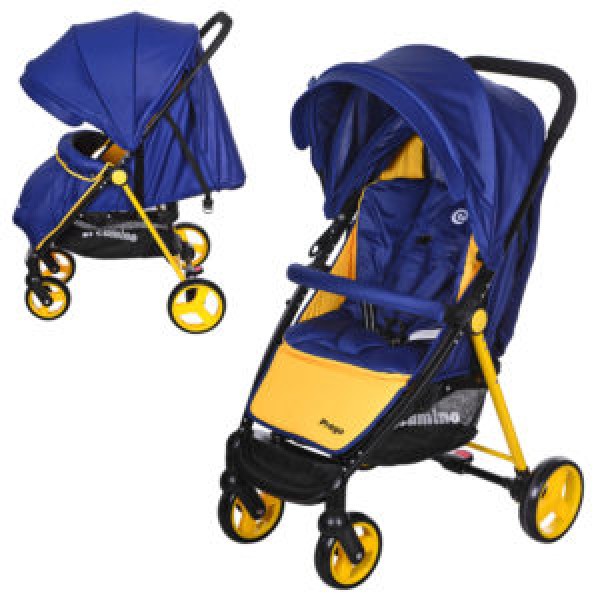22462 Візок дитячий M 3435-4 PREGO прогулянковий, дах, колеса 4 шт., чохол, ремені безпеки, синьо-жовтий.