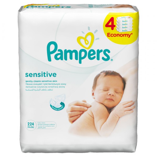 177651 Серветки вологі Pampers Sensitive Quatro, змінний блок, 4х56 шт